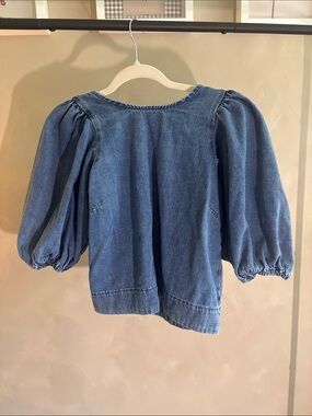 Zara Blue Denim Puff-Sleeve Top
